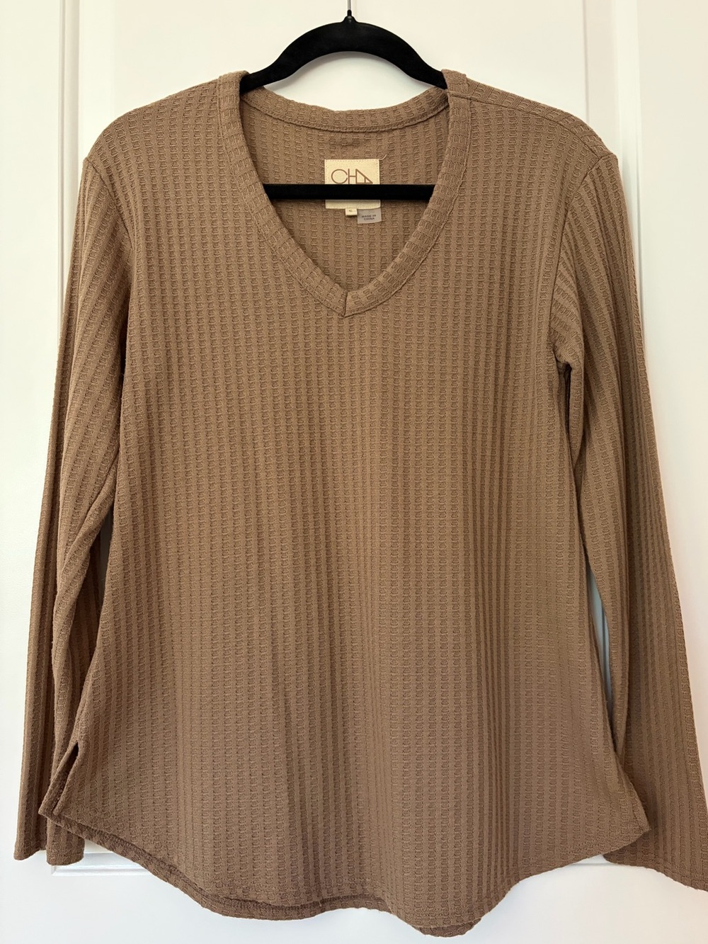 Chaser V-Neck Waffle Knit Long Sleeve Top - Brown